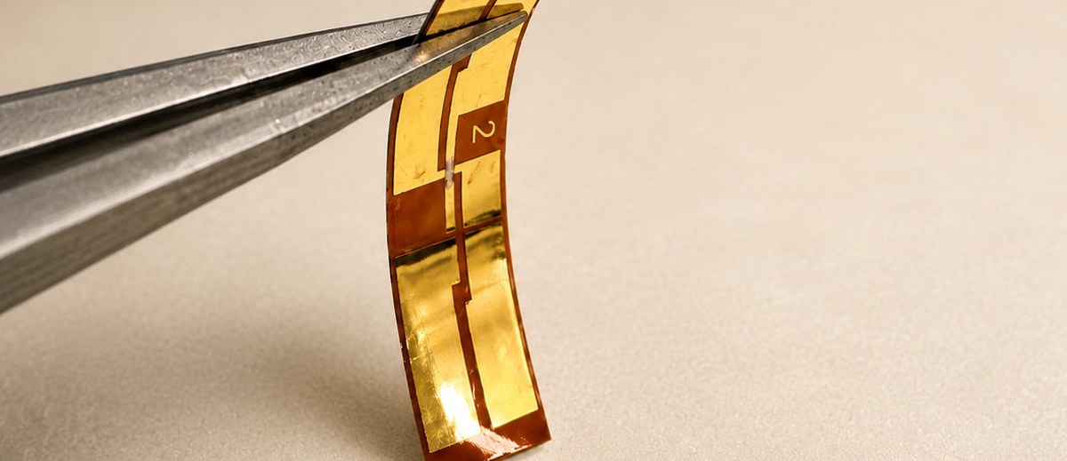 Flexible planar Hall effect sensor held in tweezers