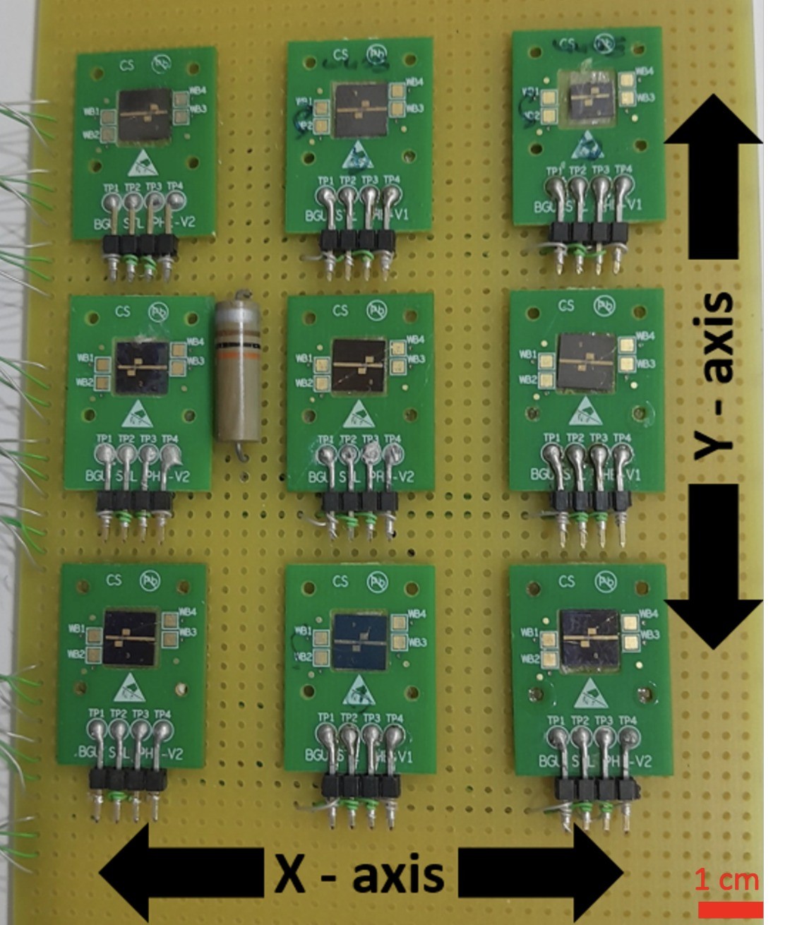 A 3x3 array of nine planar Hall effect sensors on a board, with X and Y axis labels and a 1 cm scale bar