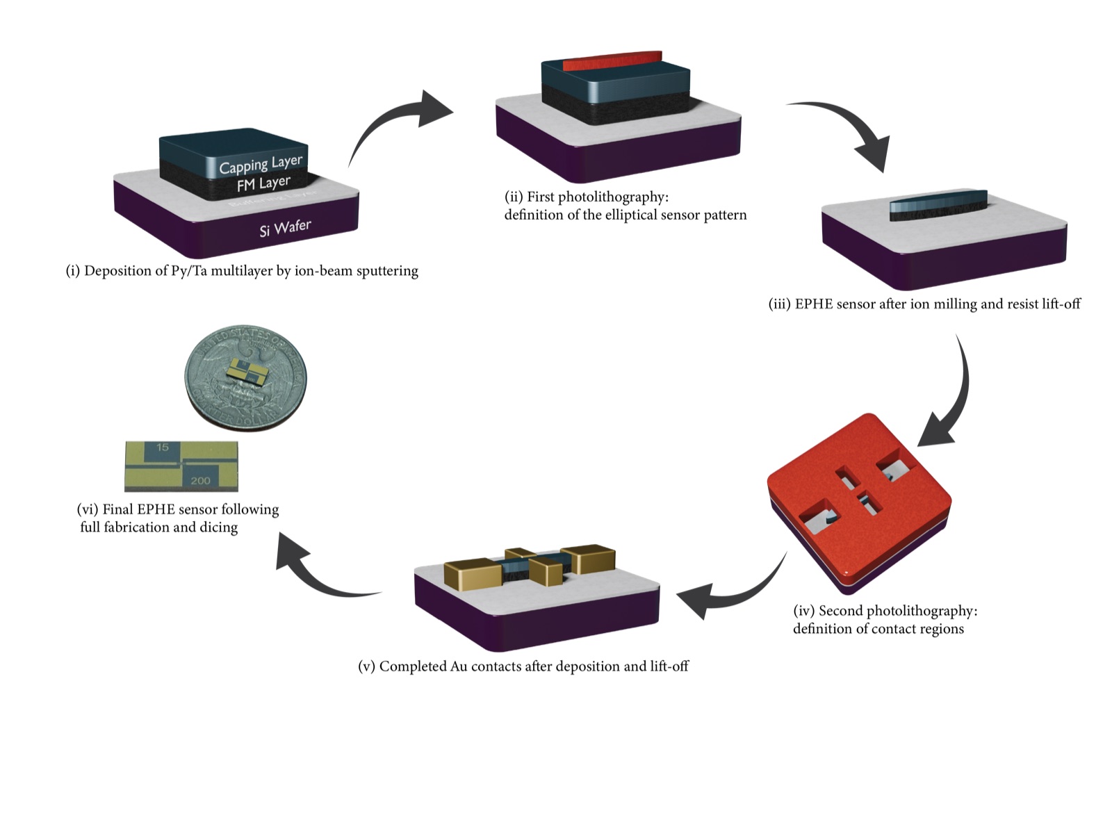 Six-step render of the sensor fabrication process