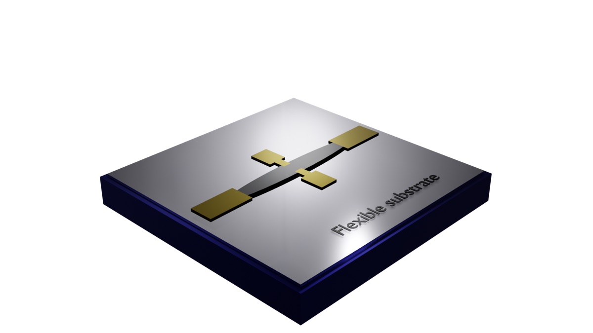 Render of an elliptical planar Hall effect sensor with gold contact pads